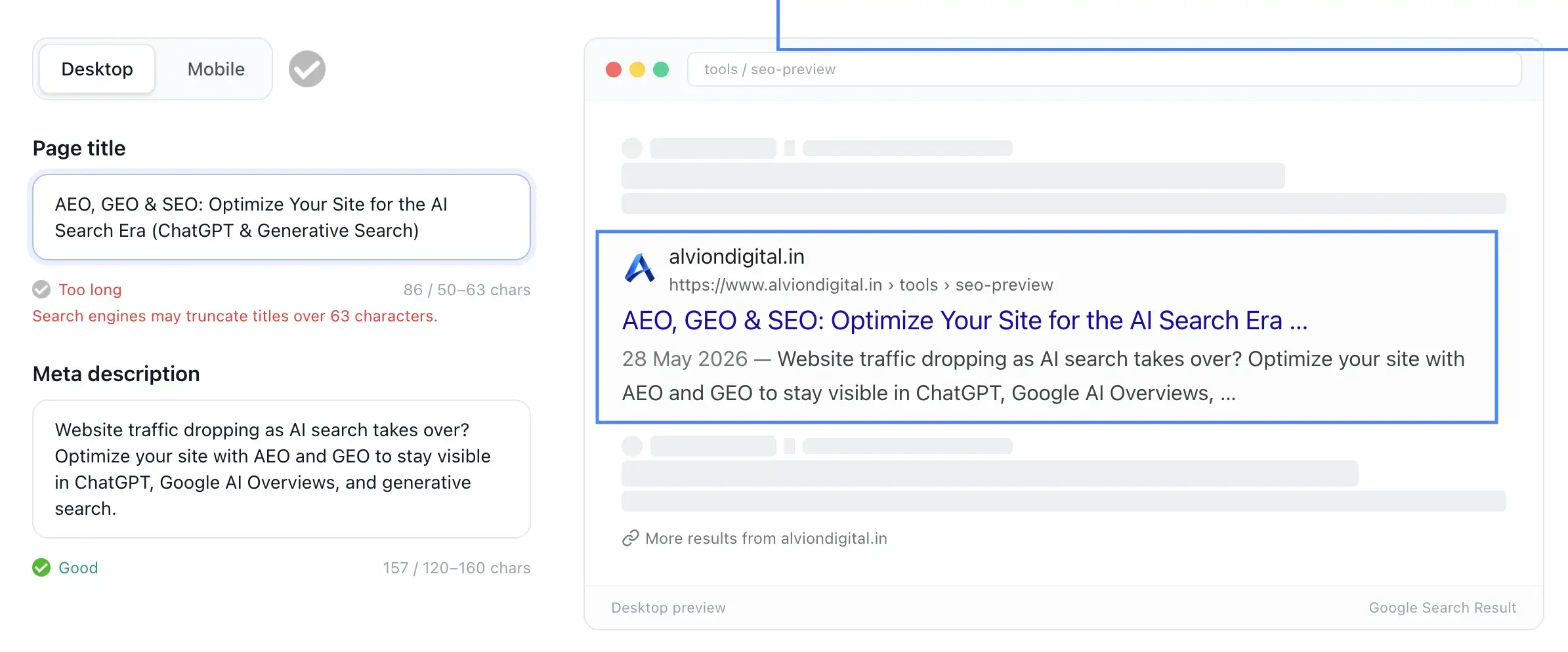 SEO preview tool screenshot using the same title and description as the live SERP listing