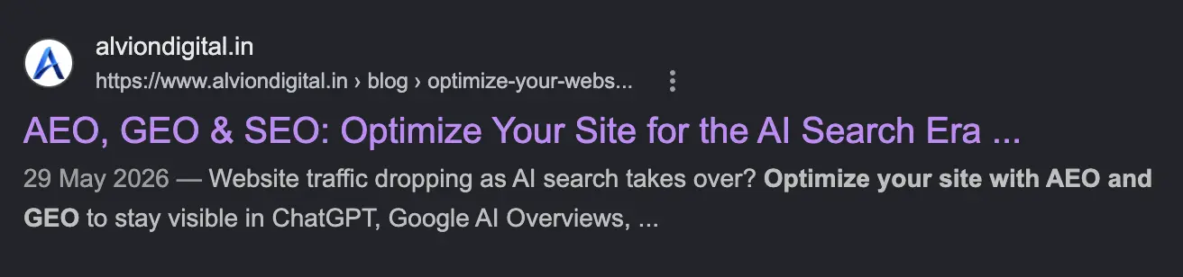 Live Google SERP listing screenshot using the same title and description as the preview tool